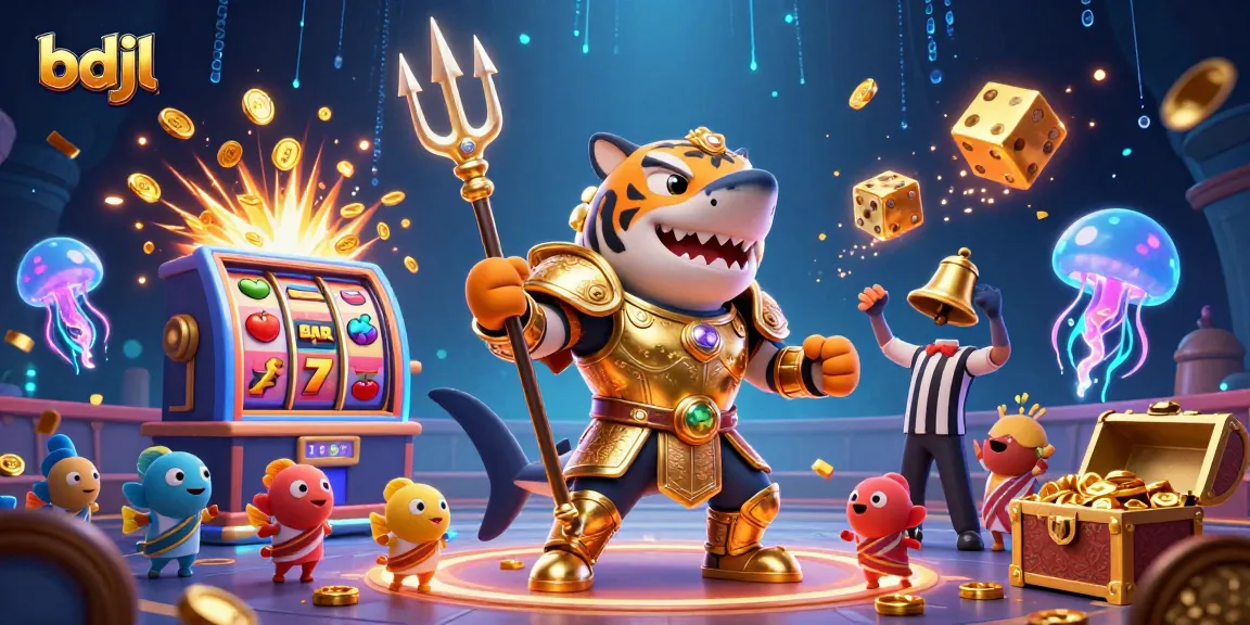 Join the excitement with bdjl as a tiger shark in armor wields a trident among vibrant casino symbols.