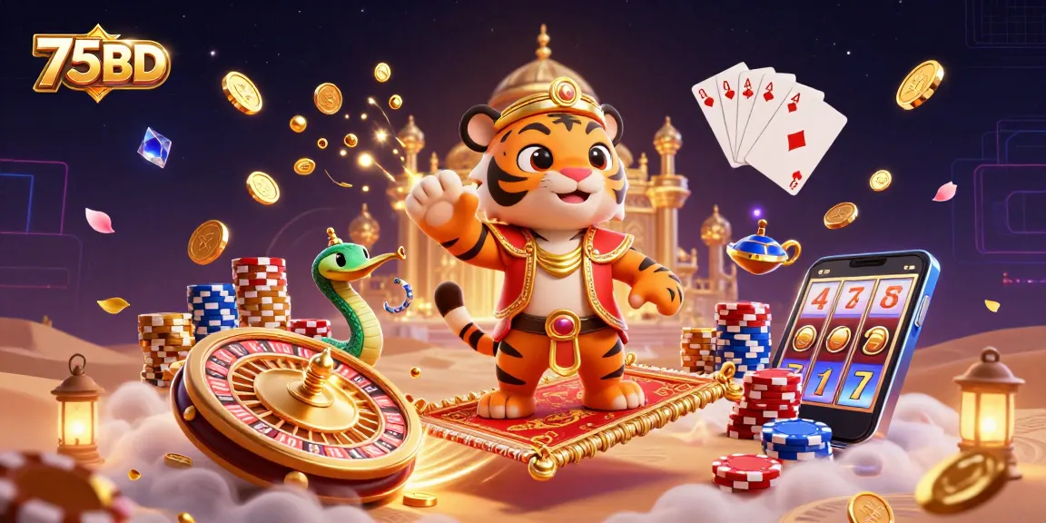 Experience 75BD's vibrant casino adventure, featuring a magical tiger sultan and rich casino elements.