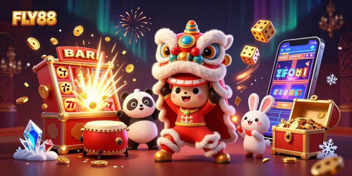 Win big with FLY88's vibrant online casino scene featuring lucky symbols and festive decorations.
