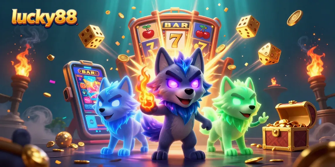 Experience thrilling wins with lucky88 as ghostly wolves surround massive slot machine and casino elements.