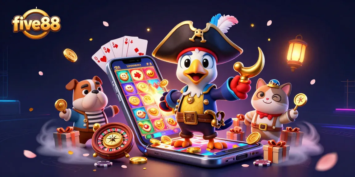 Spin to win with five88's vibrant gaming scene featuring a dynamic slot and casino action.