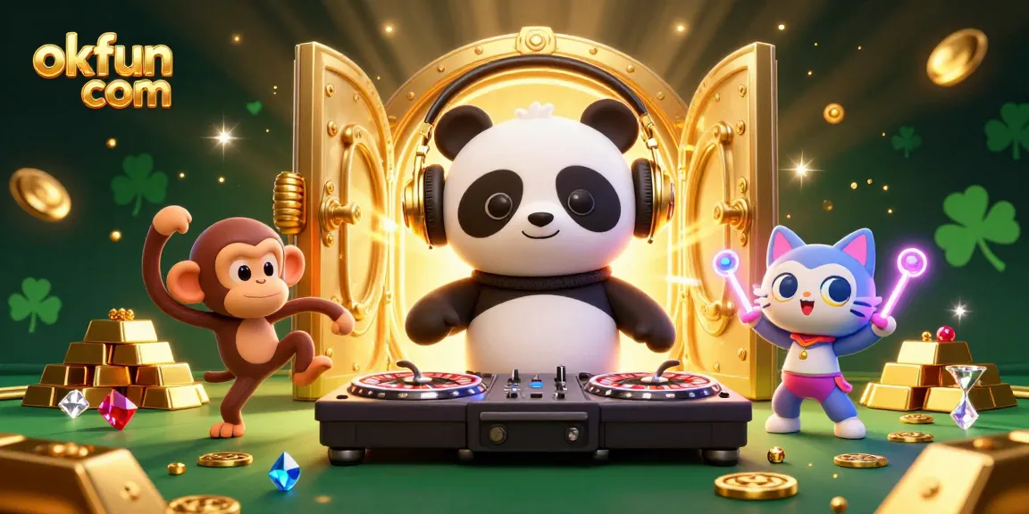 Spin to win at okfun com, featuring DJ panda and vibrant casino elements in a lively 3D scene.