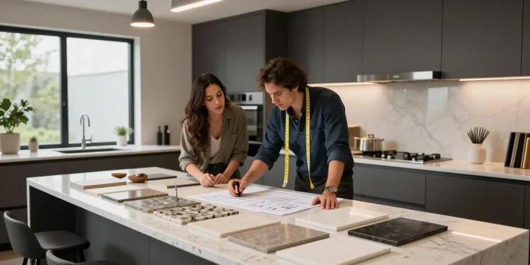 Custom countertops Hamilton: designer showing quartz samples to homeowner in a modern kitchen.