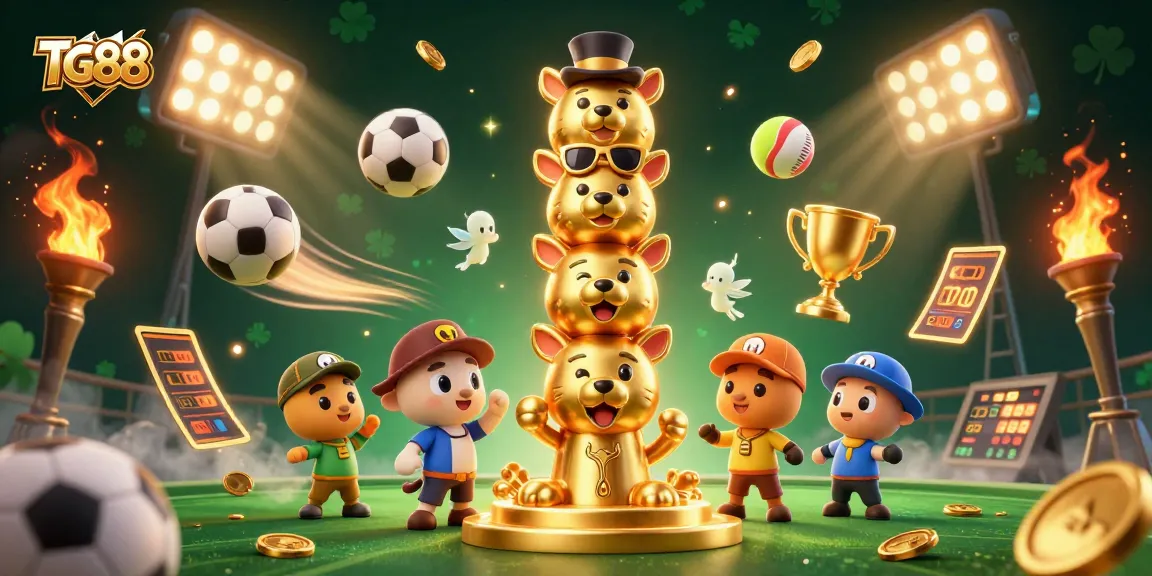 Experience thrilling action with TG88's animated casino elements like sports balls and a golden totem.
