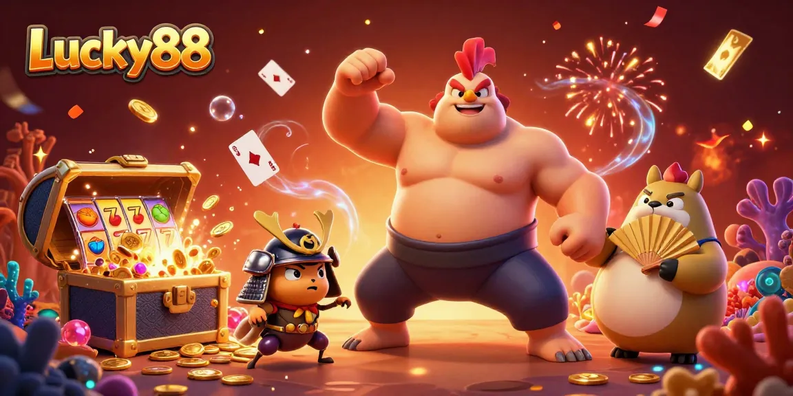 Experience Lucky88 with a powerful sumo rooster, fierce cricket, and festive casino elements.