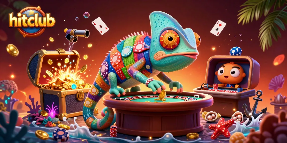 Play at hitclub with a vibrant 3D casino scene featuring a chameleon and underwater treasures.