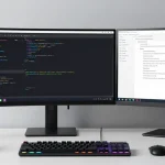 tk88ws software development workspace with coding on multiple screens and RGB lighting.