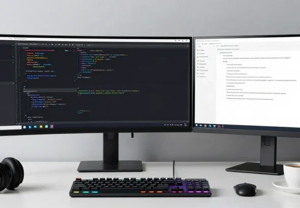 tk88ws software development workspace with coding on multiple screens and RGB lighting.