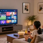 Enjoy IPTV family movie night with 4K streaming in a cozy living room
