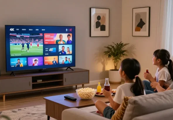 Enjoy IPTV family movie night with 4K streaming in a cozy living room