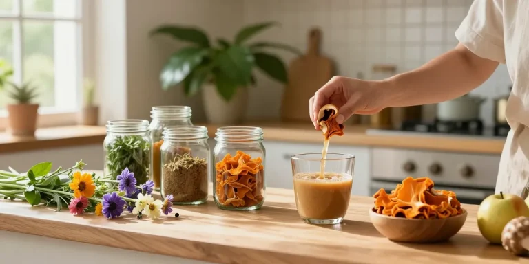 Preparing turkey tail mushroom extract in a cozy kitchen with organic ingredients and fresh herbs.