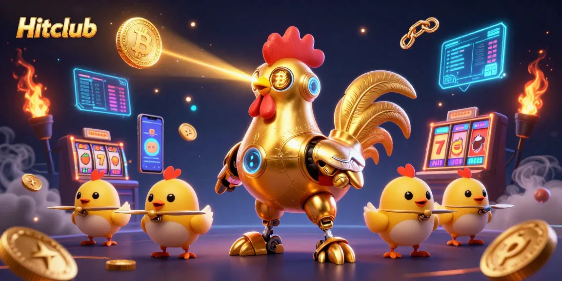 Engage in thrilling gameplay at Hitclub with golden rooster robot and baby chick drones amidst glowing crypto elements.