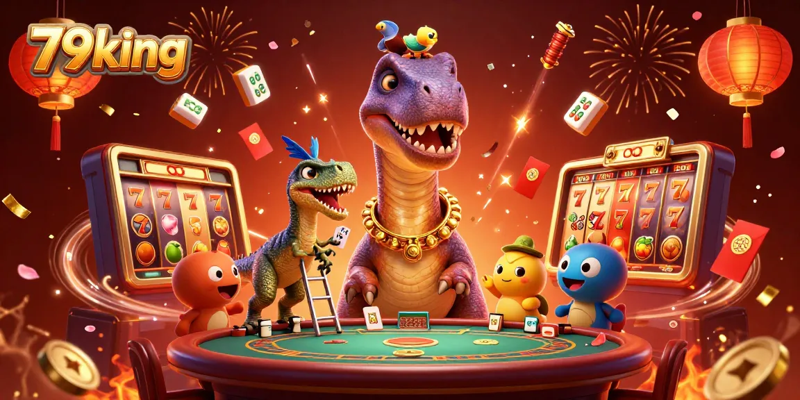 Experience the excitement at 79king with a giant brontosaurus watching over a spinning slot machine.