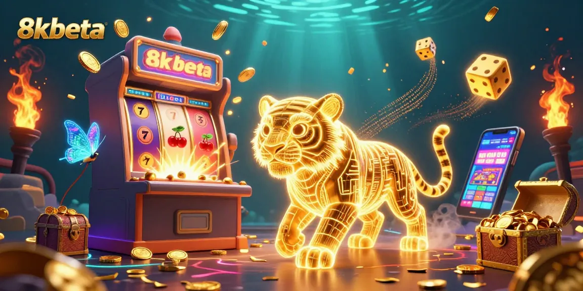 Engage with 8kbeta's digital casino landscape featuring vibrant slot machines and a golden tiger.