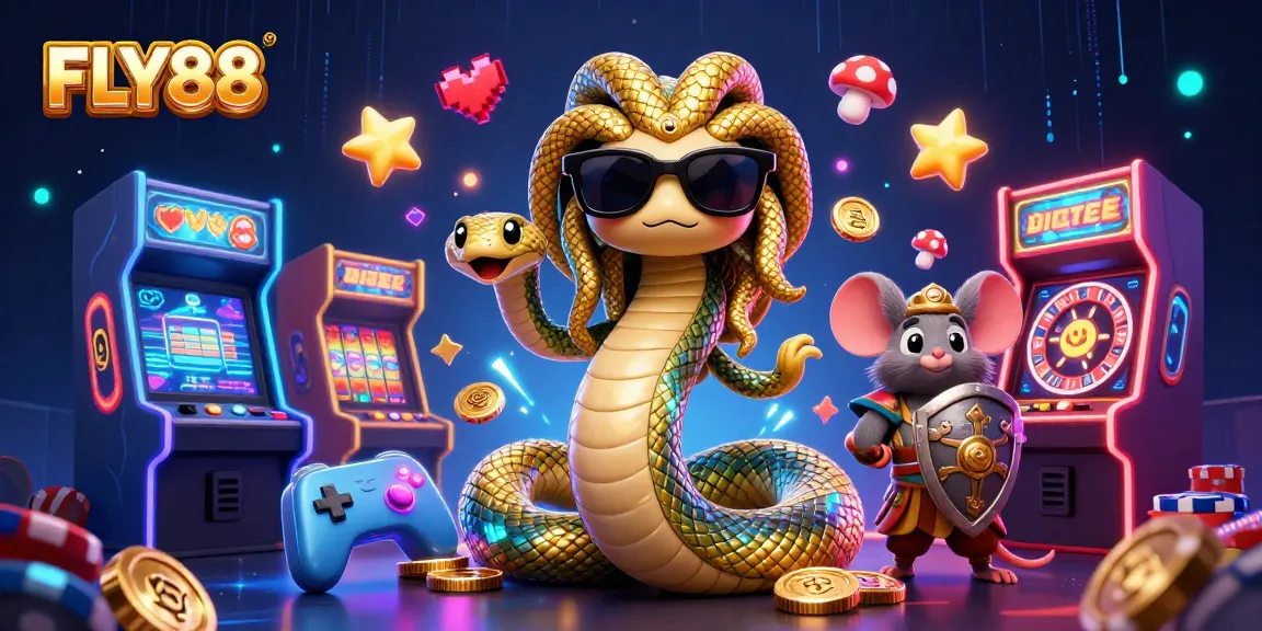 FLY88 brings excitement to the casino with vibrant characters and gaming elements in a dynamic digital scene.