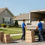 Moving services team handling furniture with care on a sunny day
