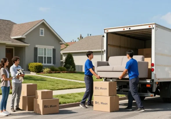 Moving services team handling furniture with care on a sunny day