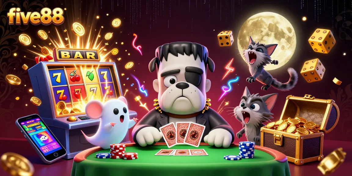 Experience the excitement of five88 with a lively 3D casino scene filled with vibrant characters and games.