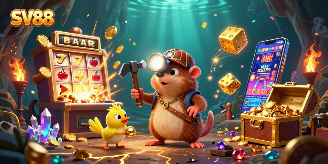 Experience thrilling wins at SV88 while a treasure hunter and canary explore a vibrant casino world.