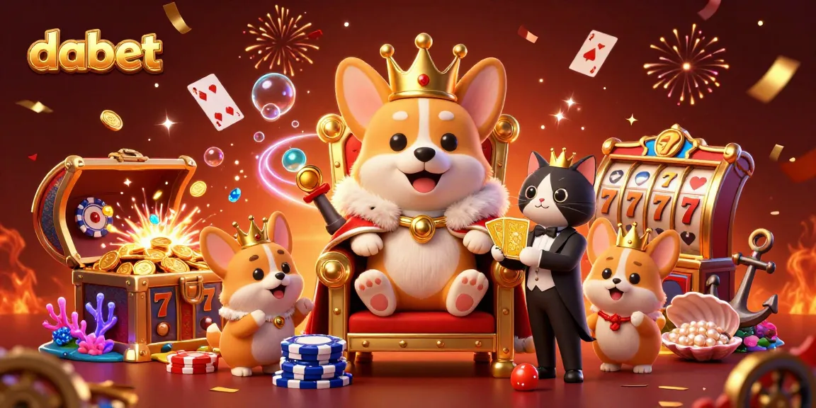 Dabet offers immersive casino experience with royal corgi on throne of poker chips, presenting slots and jackpots.