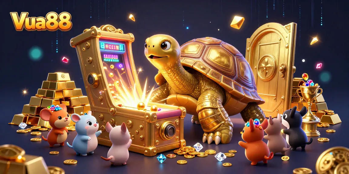 Experience the excitement of Vua88 with a colossal golden tortoise pinball machine surrounded by treasures and fun casino elements.
