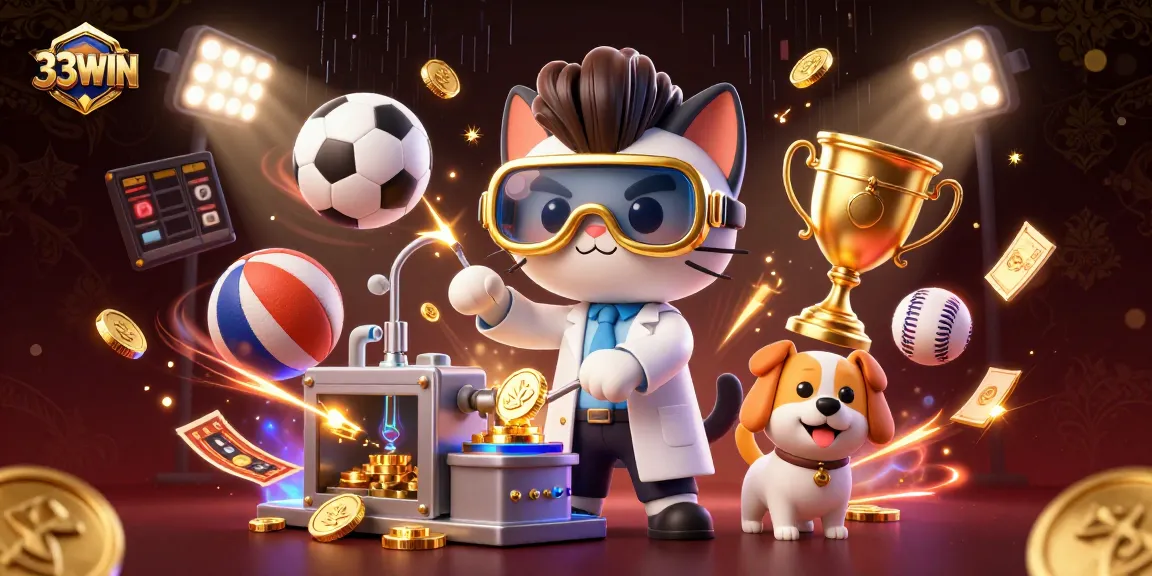 33WIN showcases an exciting scene with a mad scientist cat and dog creating winning strategies in an online casino.