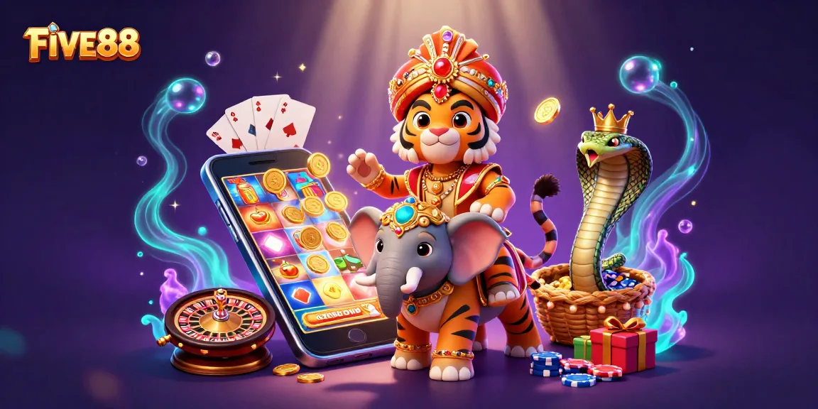 Engage with FIVE88's vibrant casino experience featuring a maharaja tiger, elephant, and dynamic game elements.