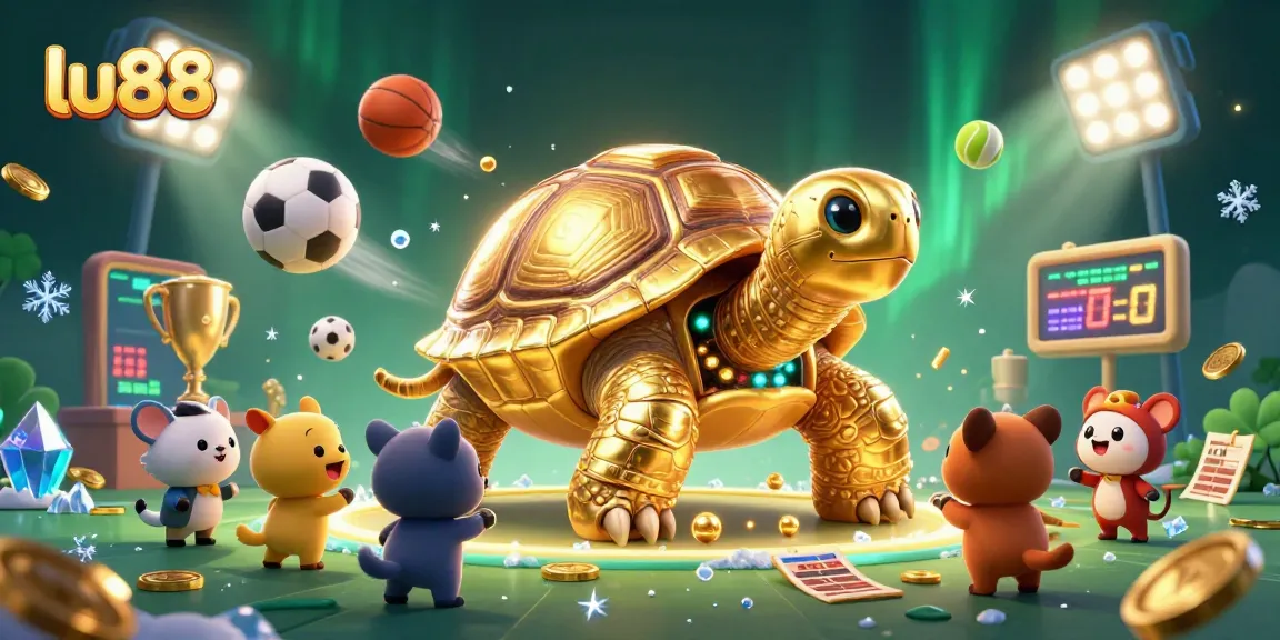 Play casino games at lu88 with a vibrant 3D cartoon scene featuring vibrant sports elements.