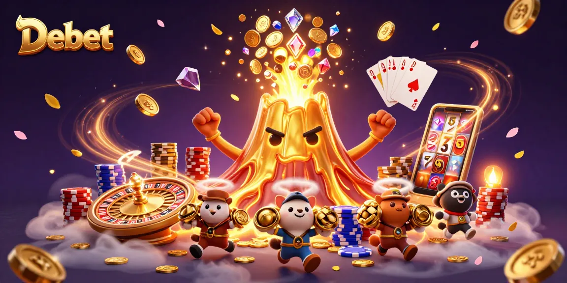 Debet interactive casino illustration showcasing a winning eruption of treasures and gaming excitement.