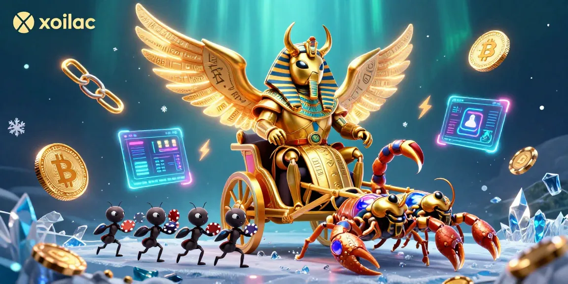Xoilac enhances gaming excitement with a colossal golden scarab beetle and vibrant crypto elements.