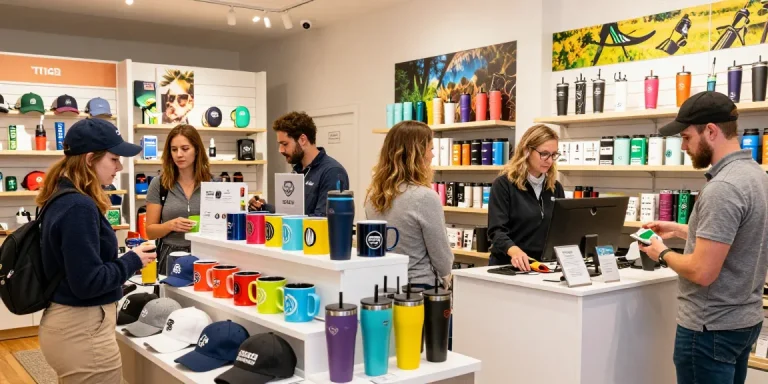 Promotional products showroom featuring engaging displays of custom caps and drinkware, creating excitement.