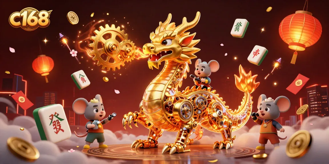 Engage with the thrilling c168 experience, featuring a golden dragon and vibrant casino elements.