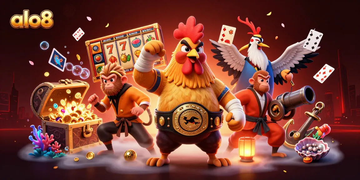 Spin the reels of excitement with alo8's vibrant 3D illustration showcasing a Muay Thai rooster, Shaolin monkey, and wise crane master.