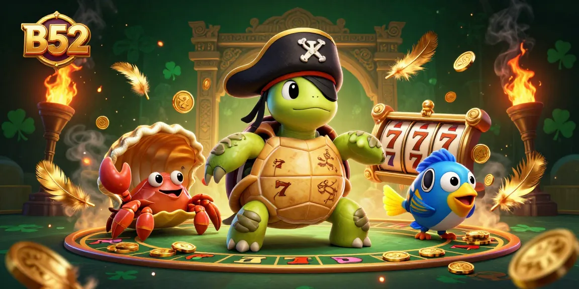 B52 themed illustration showcasing a cartoon pirate turtle among casino elements like slot reels, golden coins, and ember particles