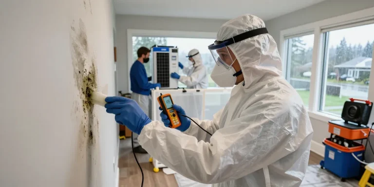 Mold Remediation Vancouver expert inspecting for hidden mold with moisture meter, showcasing professional equipment in a residential setting.