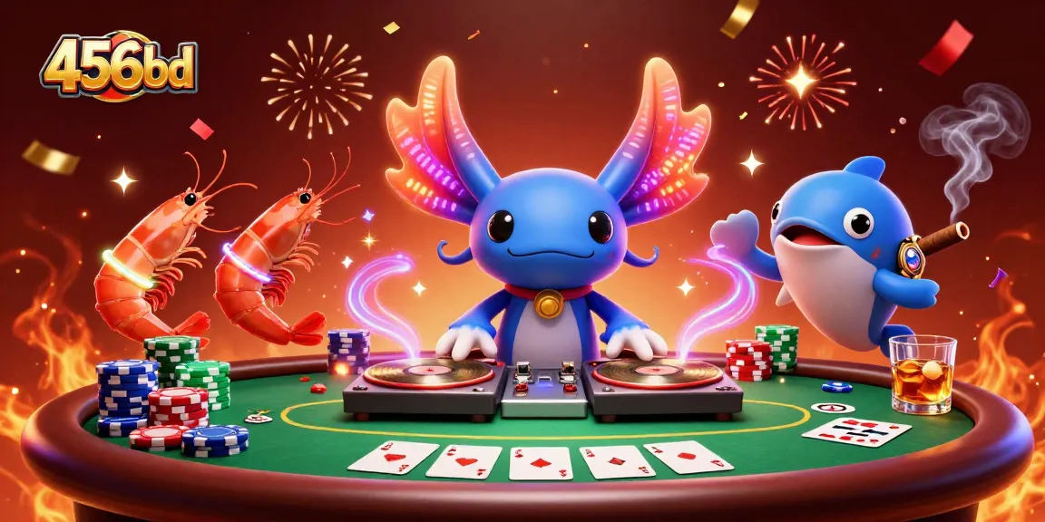 Engage with 456bd's vibrant undersea casino scene featuring a DJ axolotl and poker action.