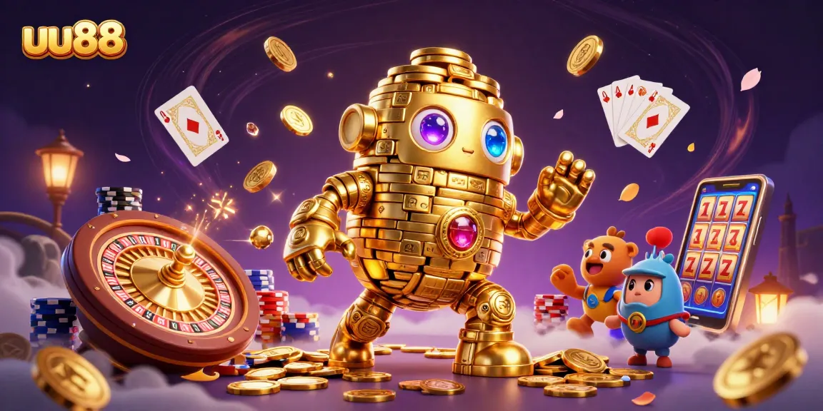 Win big at uu88 with a cinematic 3D illustration featuring golden golem and casino elements.