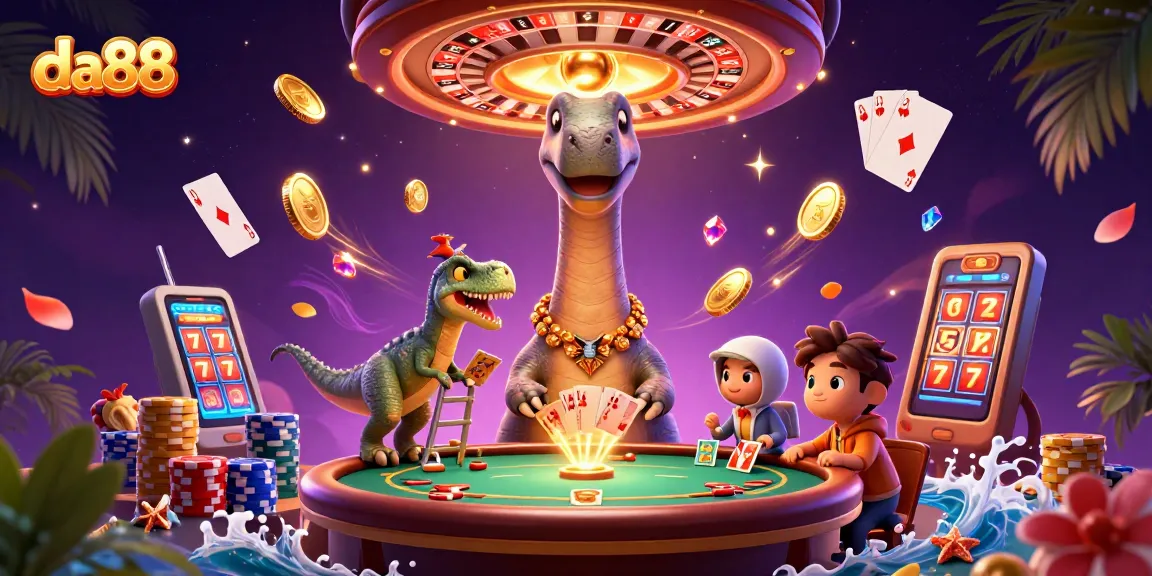 Bet big with da88 at a vibrant casino scene featuring cartoon dinosaurs and dynamic gaming elements.