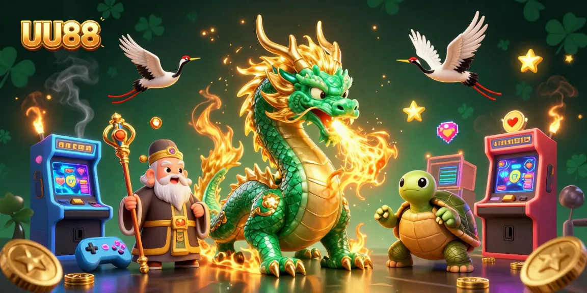 Experience the excitement of UU88 immersive gaming with a dynamic 3D fantasy scene featuring a jade dragon, turtle sage, and lucky cranes.