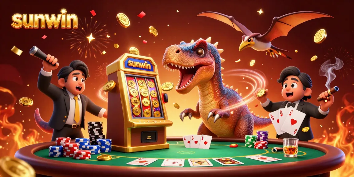 Earn jackpots with sunwin as a pachycephalosaurus celebrates a winning slot machine payout in a casino scene.