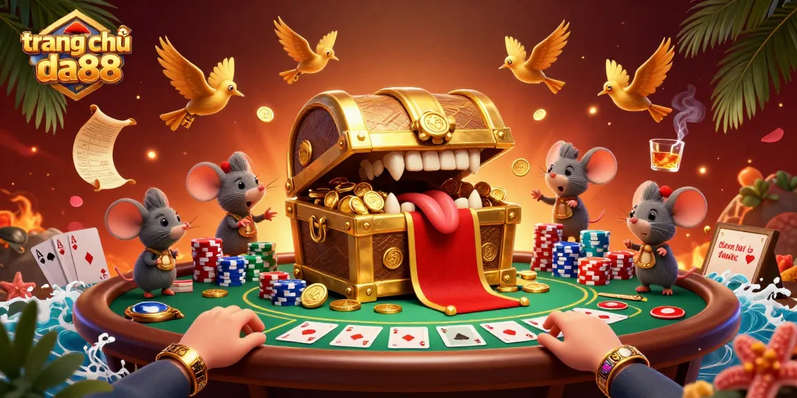 Engage with the vibrant action of trang chủ da88, showcasing adventurer mice drawn to the treasure chest while poker elements create excitement.