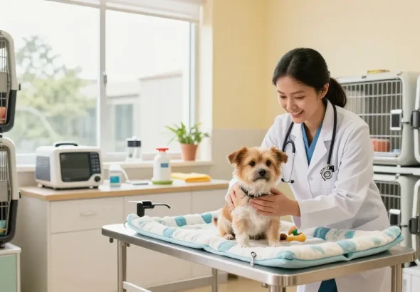 Veterinary cages providing comfort and security for animals in a modern veterinary clinic.