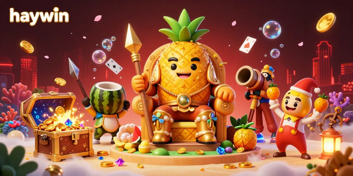 Experience haywin's vibrant beach casino illustration with golden characters and colorful treasures.