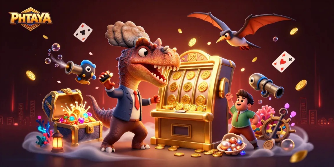 PHTAYA offers a thrilling online experience with cartoon dinosaurs celebrating big wins at the slot machines amidst vibrant casino elements.