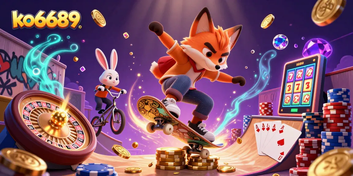 Experience the excitement of ko6689 with a dynamic casino scene featuring vibrant characters and casino elements.