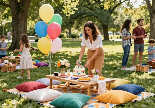 Festive gathering with party planner in Mississauga organizing a cheerful picnic setup.