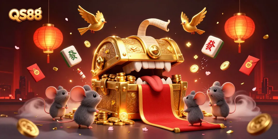 Engage with the riches of QS88 as adventurous mice are captivated by a golden treasure chest amidst colorful gambling elements.
