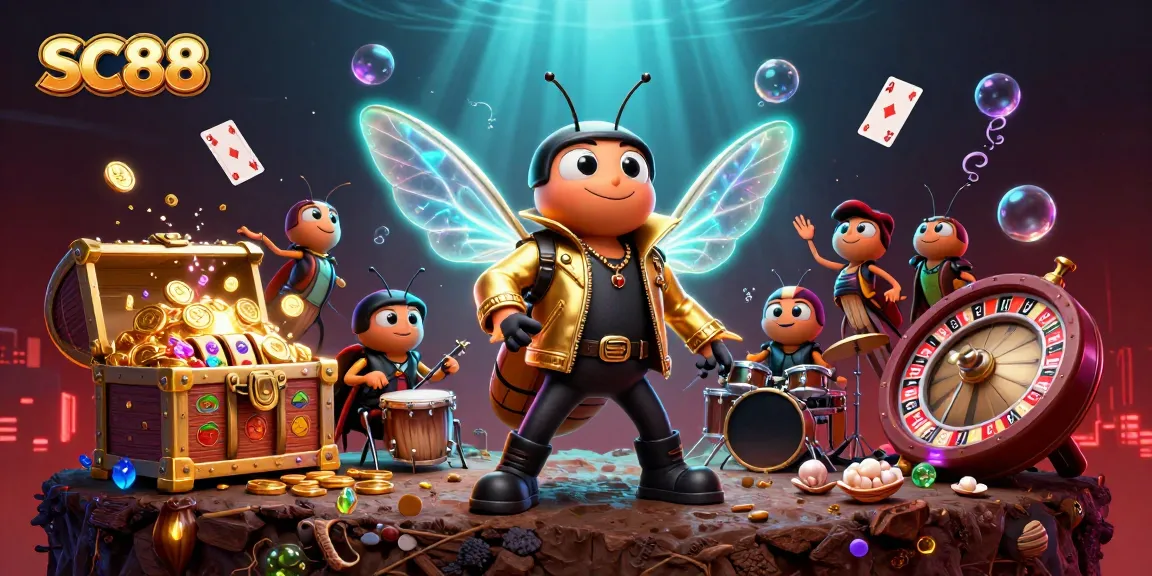 SC88 showcases a vibrant casino scene with the cicada rock star leading a lively performance, emphasizing excitement.