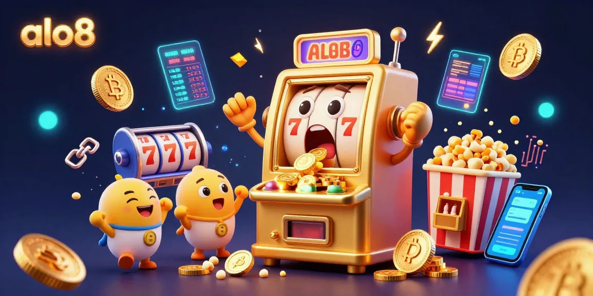 Alo8 slot machines celebrate a jackpot win with cheer, surrounded by coins, crypto elements, and vibrant visuals.