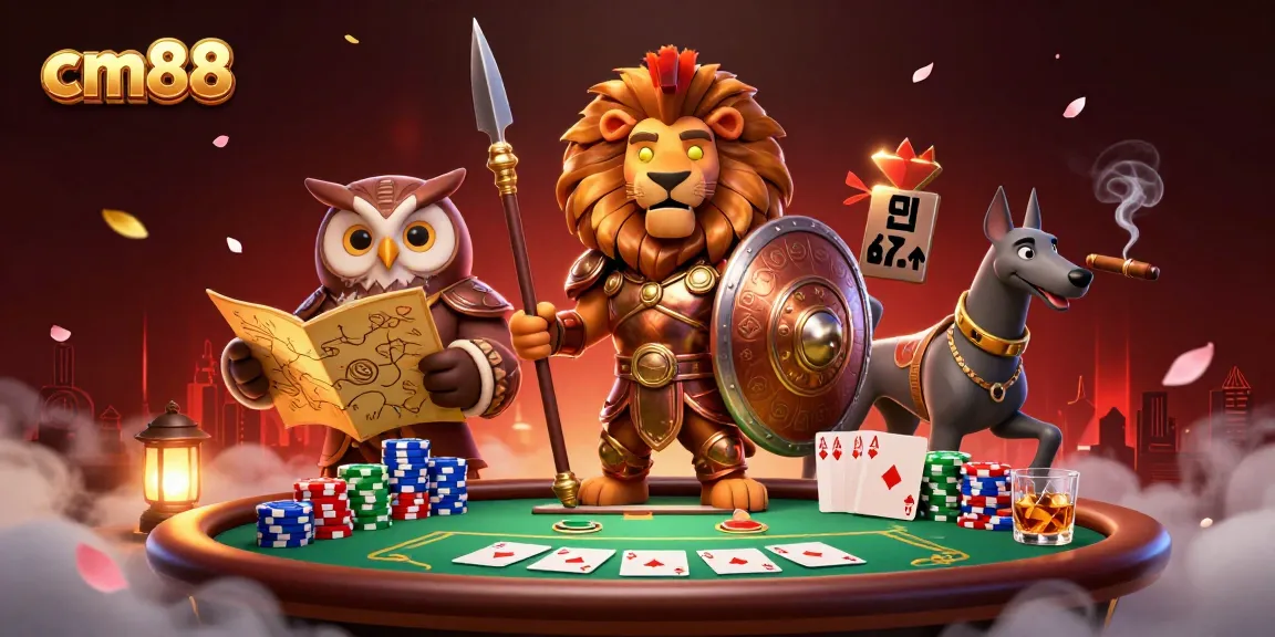 Bet big at cm88 with an epic 3D scene capturing a Spartan lion, tactical owl, and swift greyhound in a casino battle for fortune.